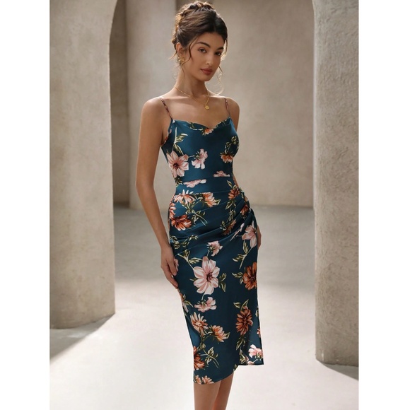 Floral Print Cowl Neckline Cami Satin Midi Dress in Dark Teal Leg Slit - Picture 5 of 8